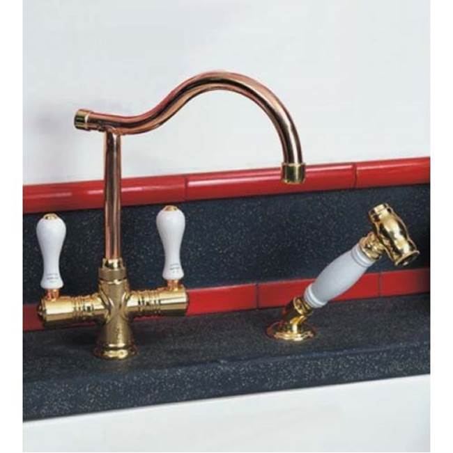 Herbeau ''Ostende'' Single-Hole Mixer with Handspray in Wooden Handles, Lacquered Polished Copper