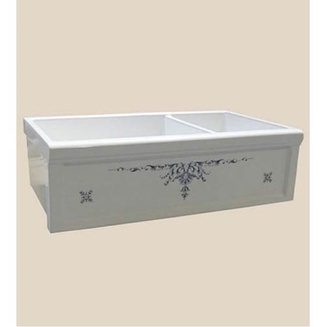 Herbeau ''Luberon'' Fireclay Double Farm House Sink in Sceau Bleu, French Ivory background