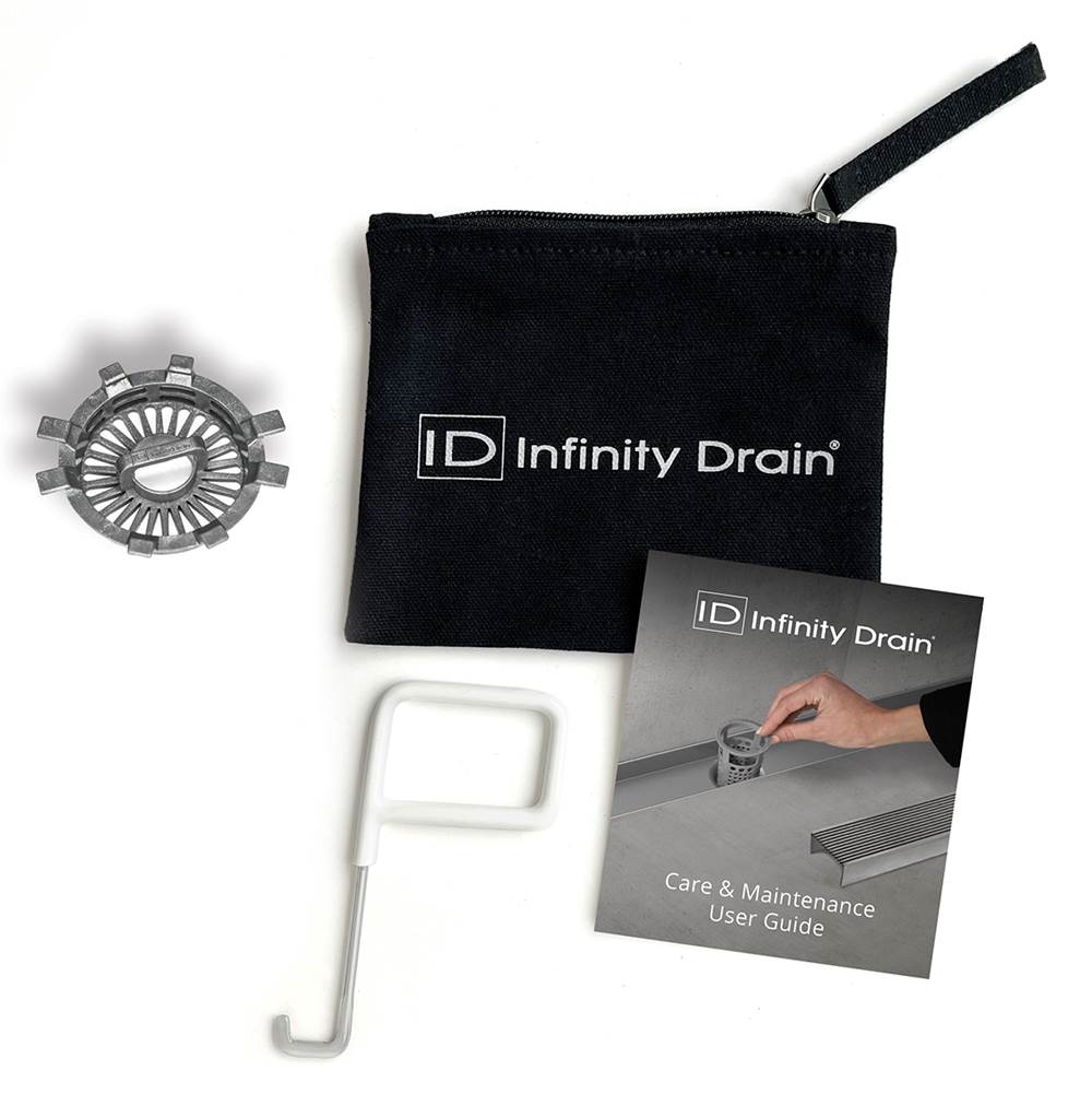 Infinity Drain Hair Maintenance Kit. Includes maintenance guide, AKEY Lift-out key, and HS 2 Hair Strainer.
