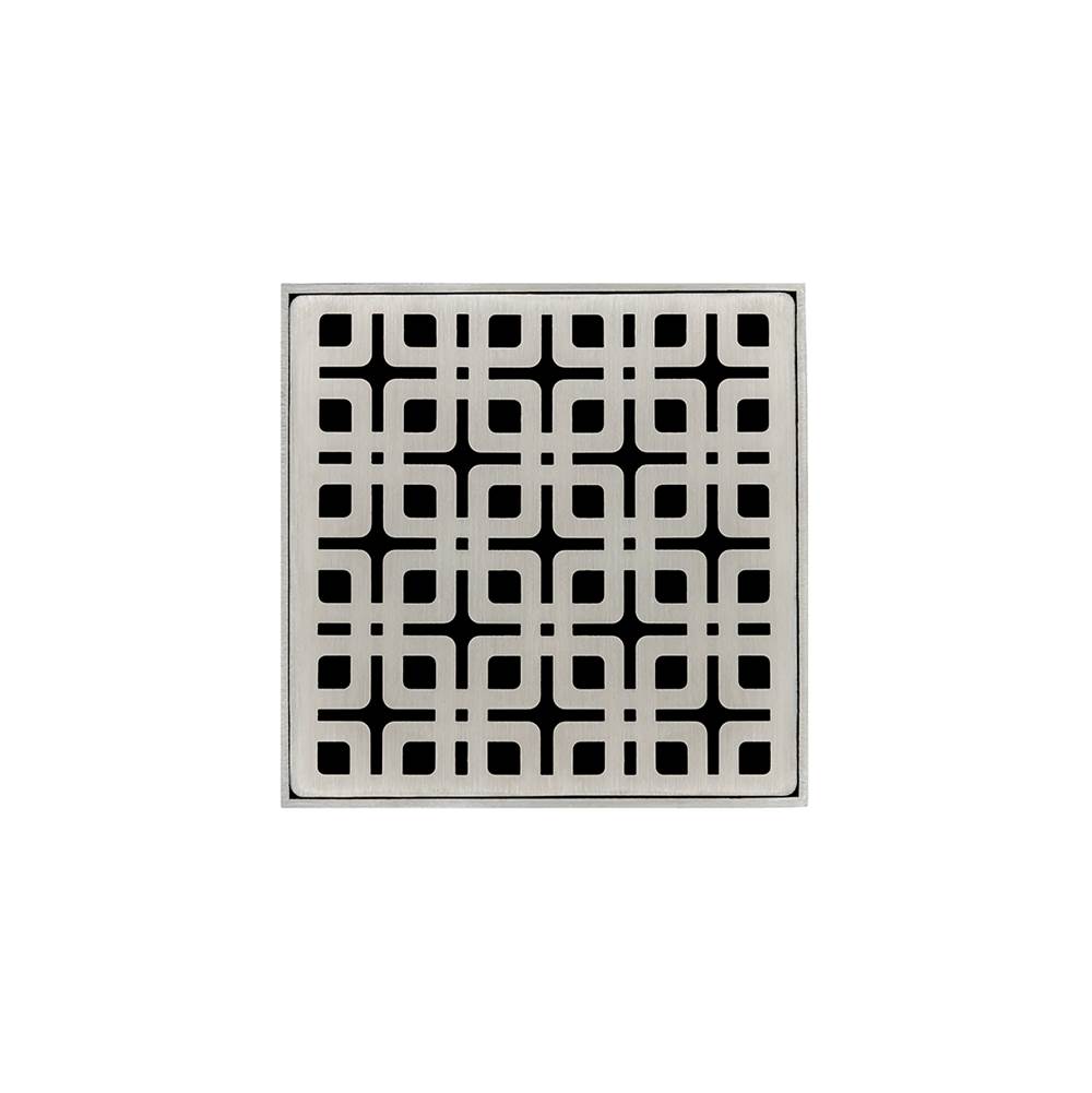 Infinity Drain 4'' x 4'' KD 4 Complete Kit with Link Pattern Decorative Plate in Satin Stainless with PVC Drain Body, 2'' Outlet