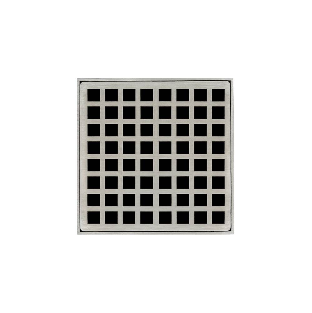 Infinity Drain 5'' x 5'' QDB 5 Complete Kit with Squares Pattern Decorative Plate in Satin Stainless with ABS Bonded Flange Drain Body, 2'', 3'' and 4'' Outlet