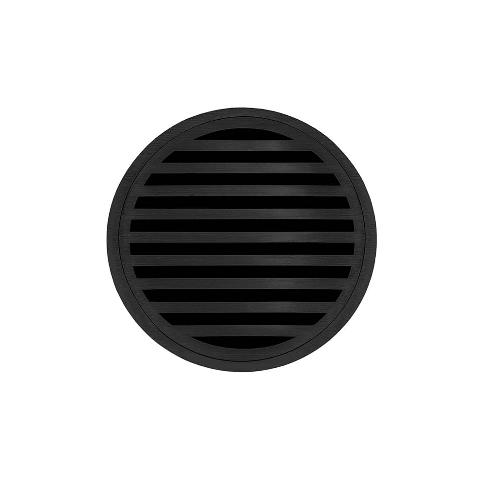 Infinity Drain 5'' Round RND 5 Complete Kit with Lines Pattern Decorative Plate in Matte Black with ABS Drain Body, 2'' Outlet