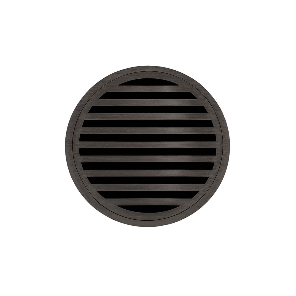 Infinity Drain 5'' Round RND 5 High Flow Complete Kit with Lines Pattern Decorative Plate in Oil Rubbed Bronze with Cast Iron Drain Body, 3'' No-Hub Outlet