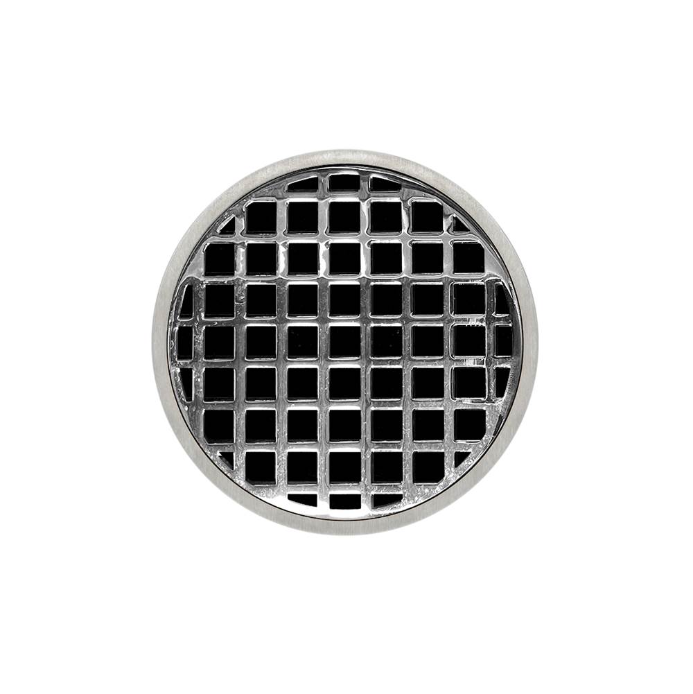 Infinity Drain 5'' Round RQD 5 High Flow Complete Kit with Squares Pattern Decorative Plate in Polished Stainless with PVC Drain Body, 3'' Outlet