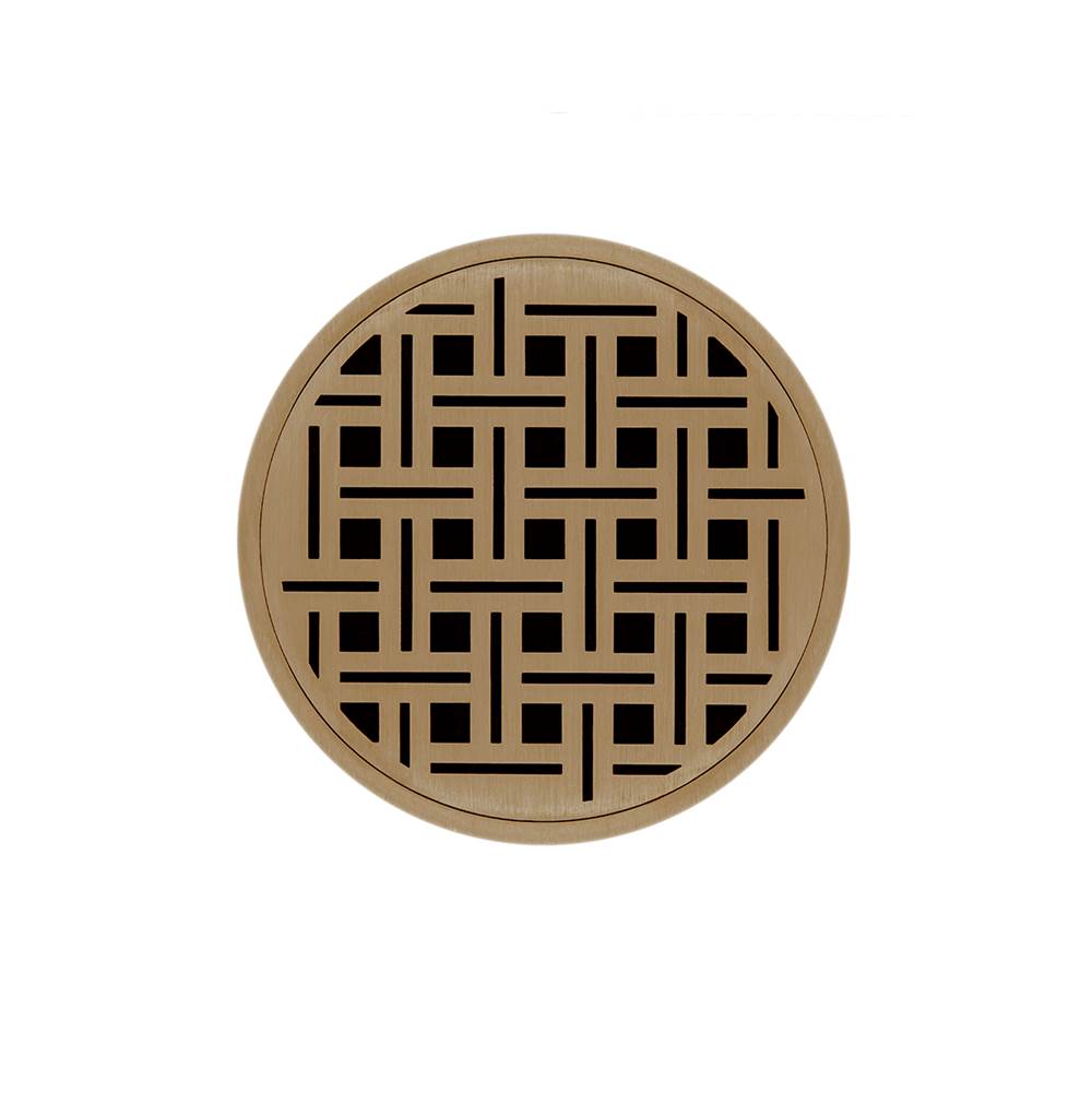 Infinity Drain 5'' Round RVD 5 High Flow Complete Kit with Weave Pattern Decorative Plate in Satin Bronze with Cast Iron Drain Body, 3'' No-Hub Outlet