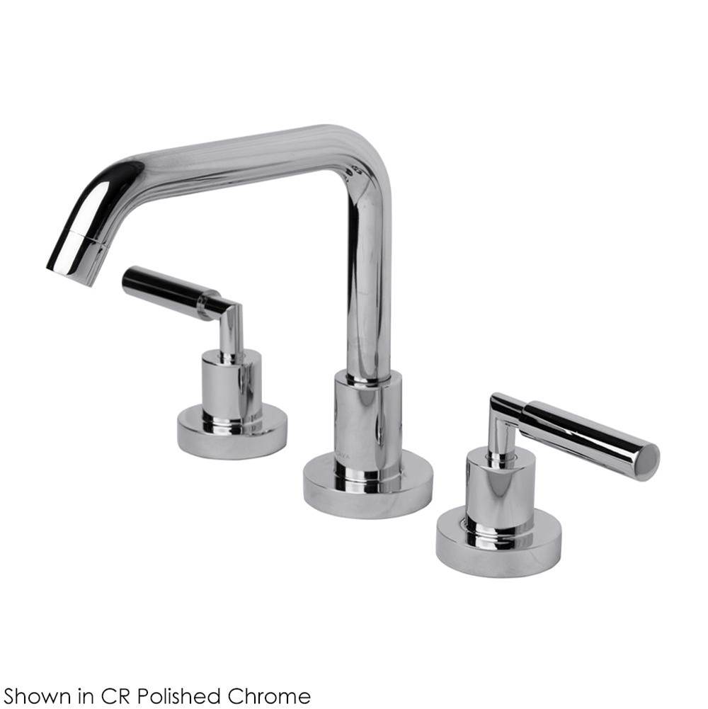 Lacava Deck-mount three-hole faucet with a squared-gooseneck swiveling spout, two lever handles, and a pop-up drain.
