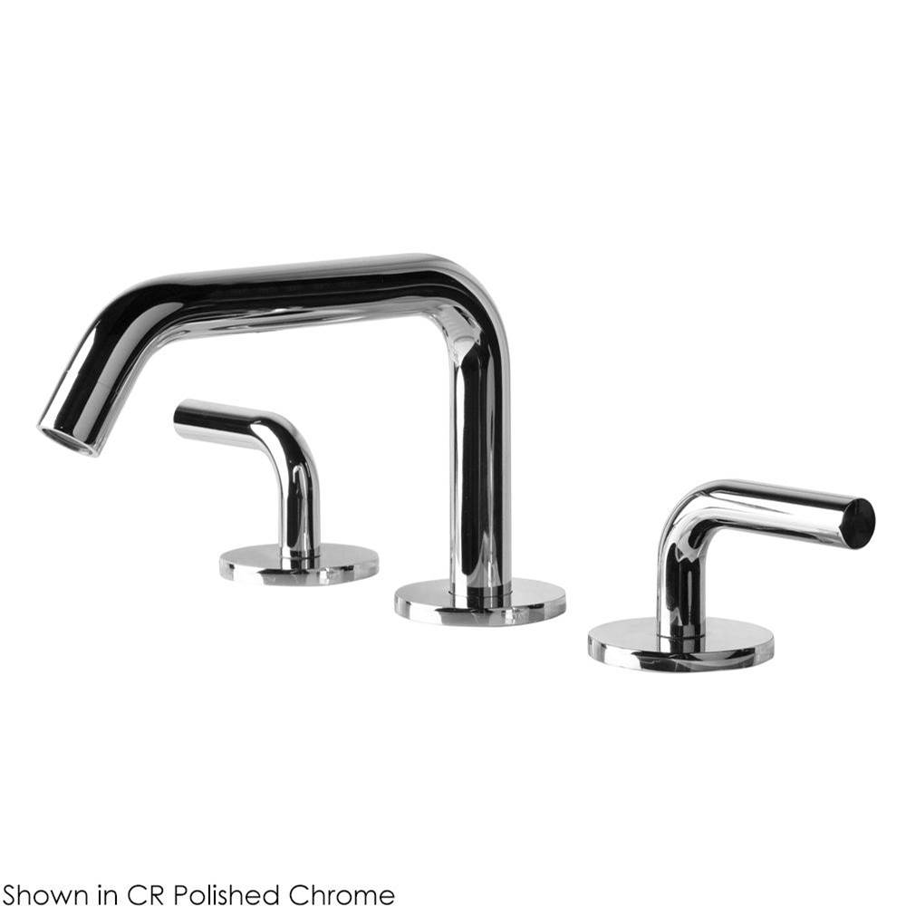 Lacava Deck-mount three-hole faucet with a squared-gooseneck swiveling spout, and a click clack drain two curved lever handles.