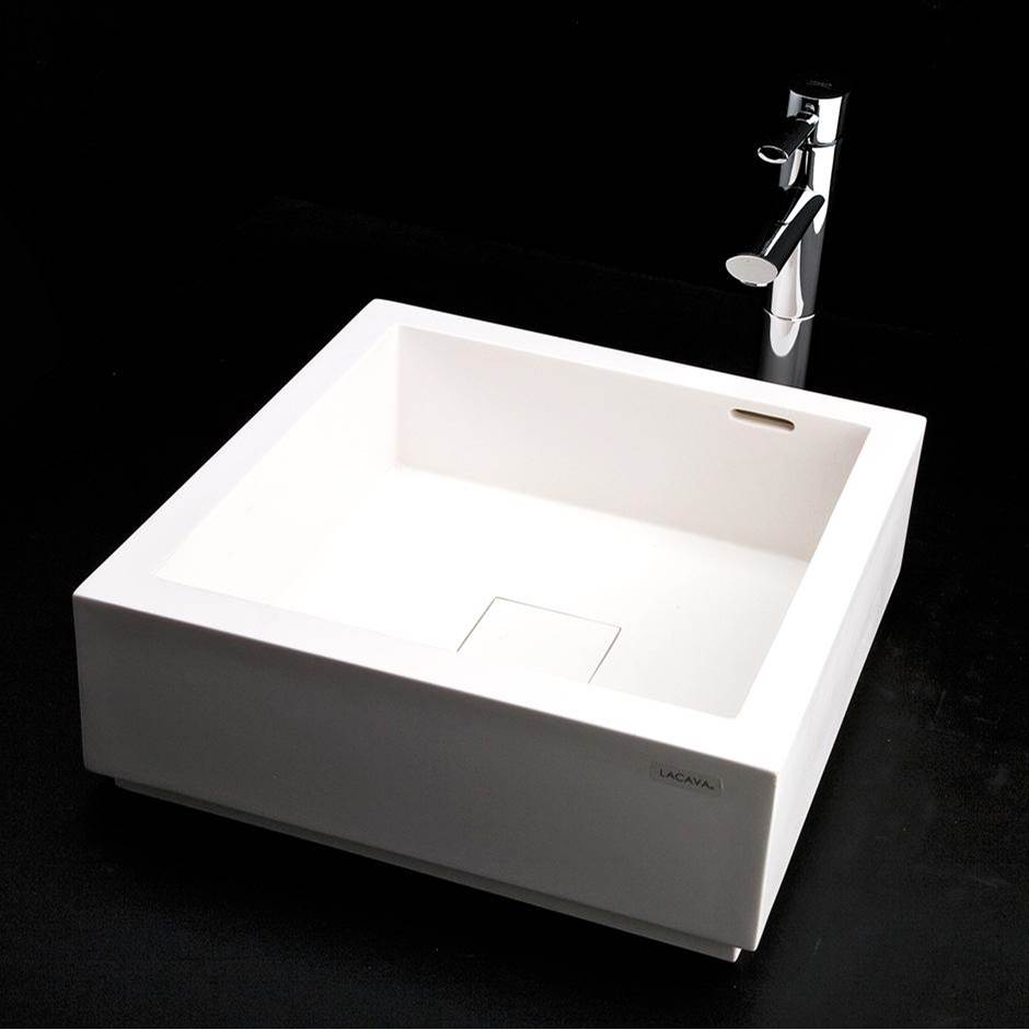 Lacava Vessel Bathroom Sink made of solid surface, with an overflow and decorative drain cover, finished back.