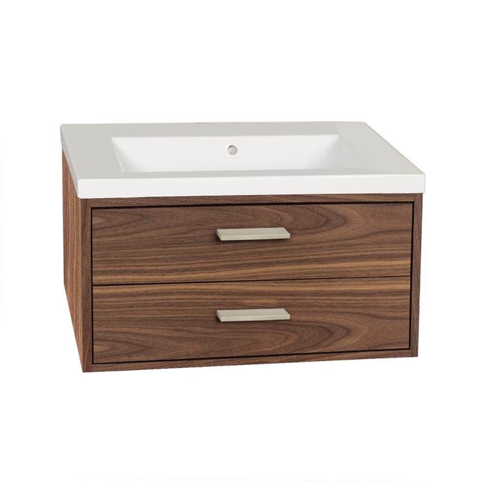 Lacava Wall-mount under-counter vanity with two push-open drawers adorned with metal inserts and equipped with drawer organizers.