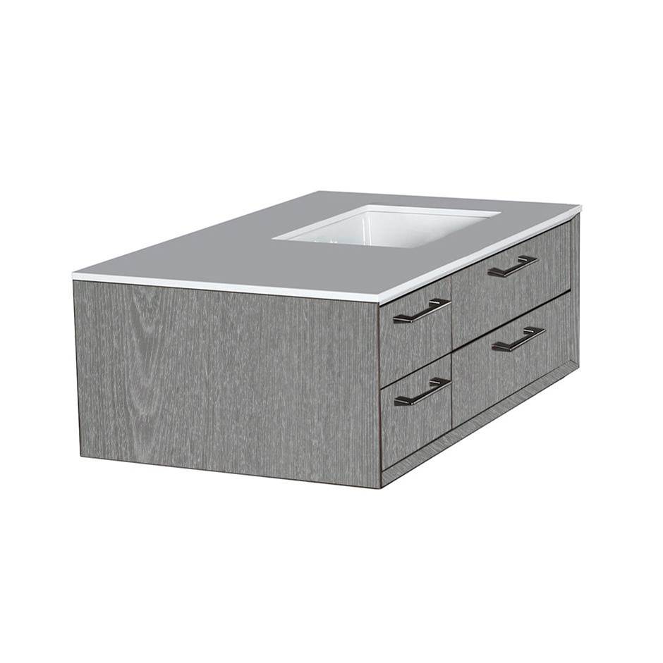 Lacava Cabinet of wall-mount under-counter vanity featuring three drawers and solid surface countertop with a cut-out for undermount sink on the right