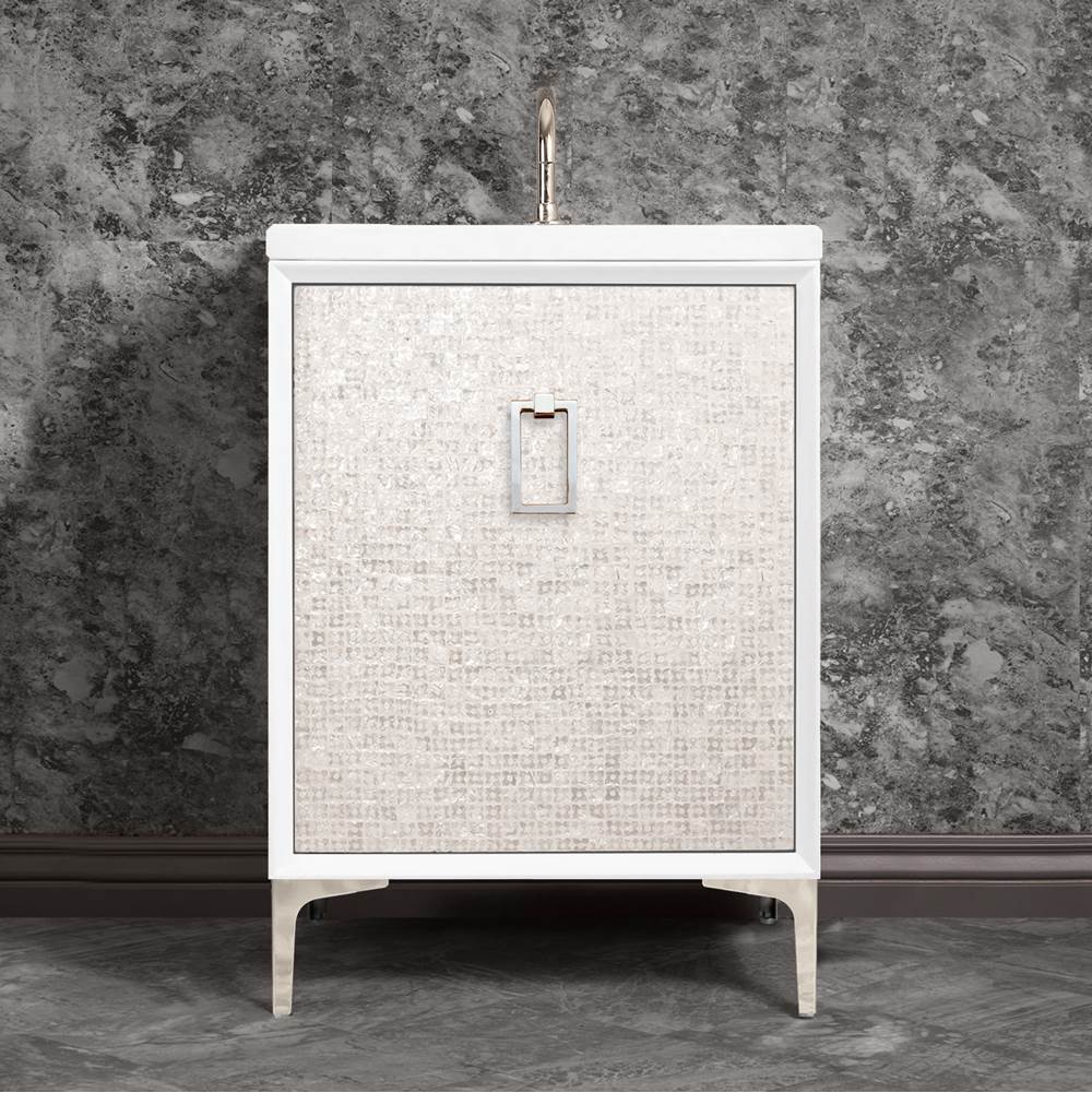 Linkasink Mother of Pearl 24'' Wide White Vanity with Polished Nickel Coach Pull and Hardware, 24'' x 22'' x 33.5'' (without vanity top)