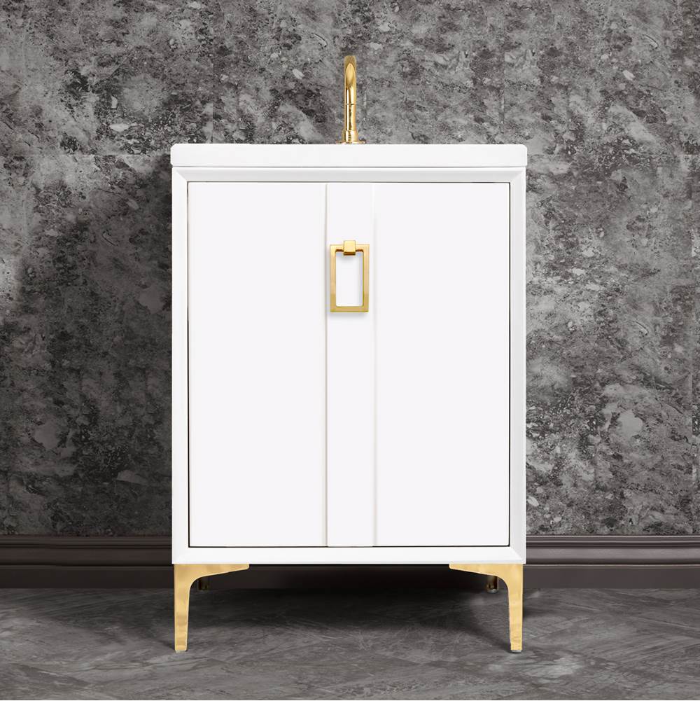Linkasink Tuxedo 24'' Wide White Vanity with Polished Brass Coach Pull and Hardware, 24'' x 22'' x 33.5'' (without vanity top)