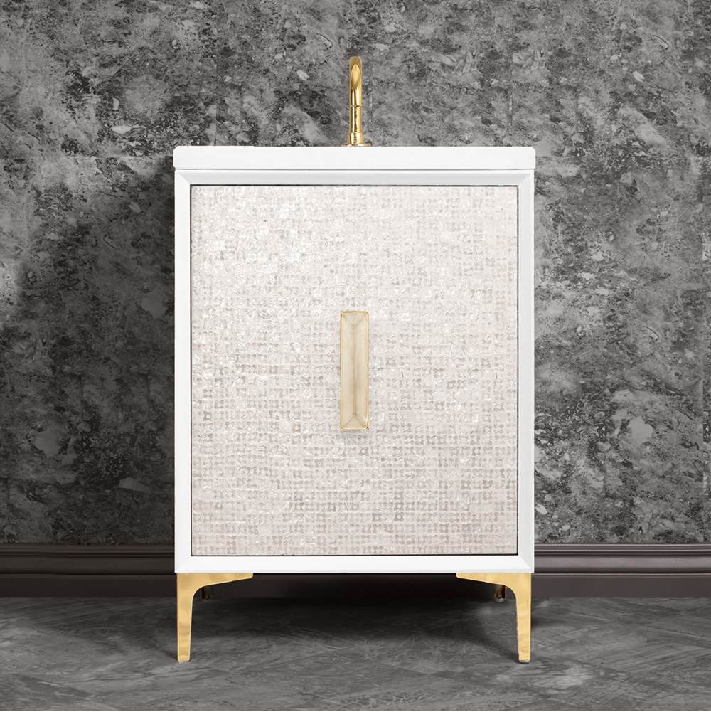 Linkasink MOTHER OF PEARL with 8'' Artisan Glass Prism Hardware 24'' Wide Vanity, White, Polished Brass Hardware, 24'' x 22'' x 33.5'' (without vanity top)