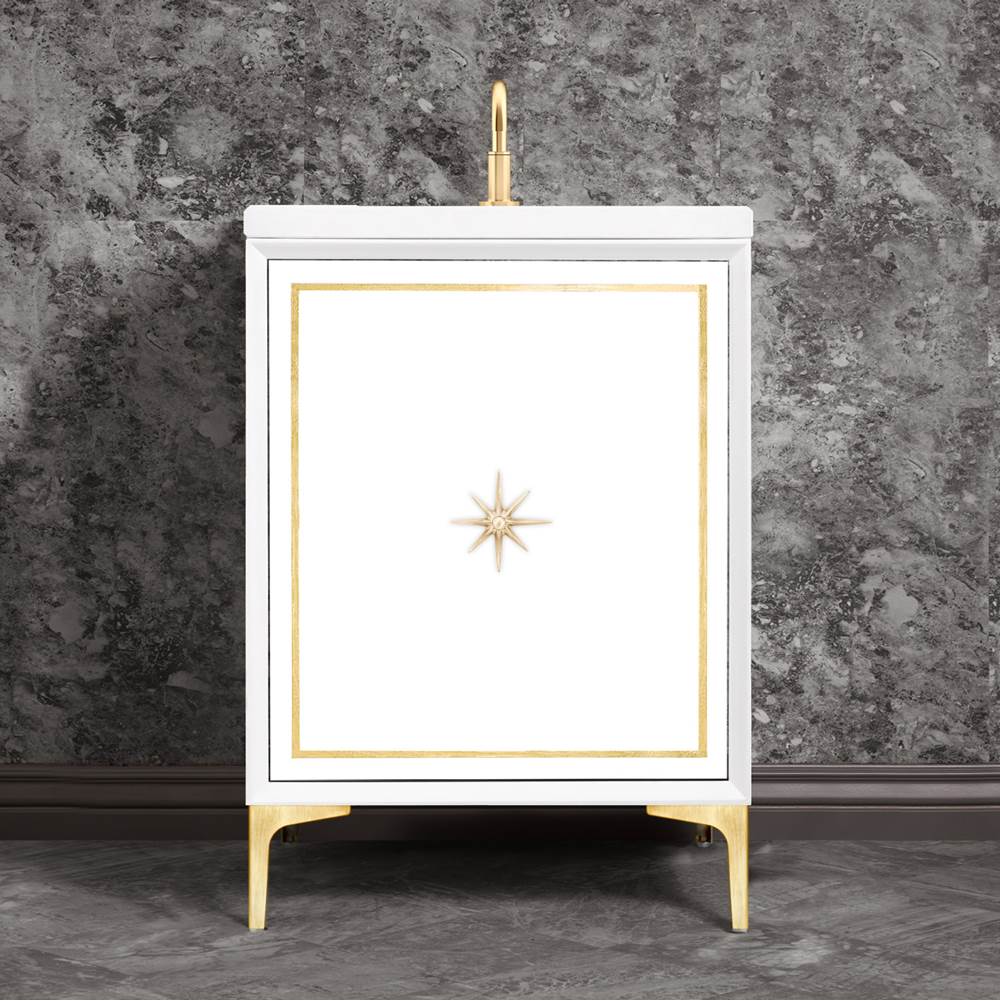 Linkasink Linea with 3'' Satin Brass Star Hardware, 24'' Wide Vanity, White, 24'' x 22'' x 33.5'' (without vanity top)