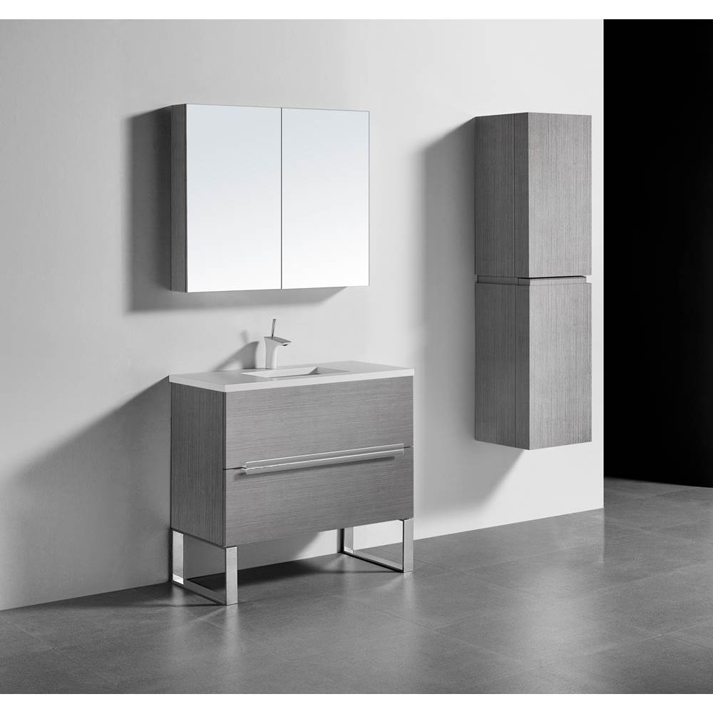 Madeli Soho 36''. Ash Grey, Free Standing Cabinet, Polished Nickel Handles (X2), L-Legs (X4), 35-5/8''X18''X33-1/2''