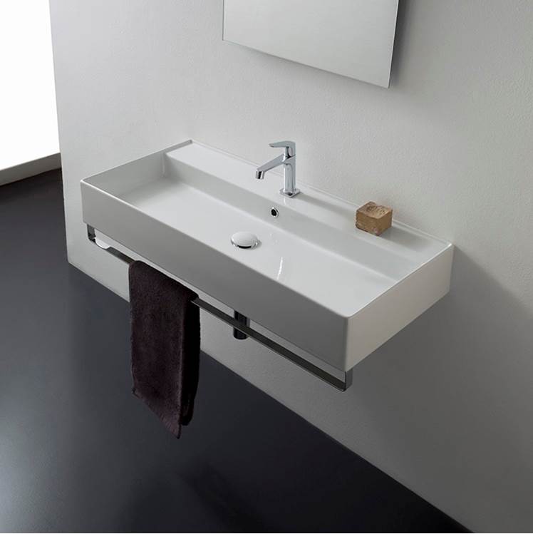 Nameeks Rectangular Wall Mounted Ceramic Sink With Polished Chrome Towel Bar