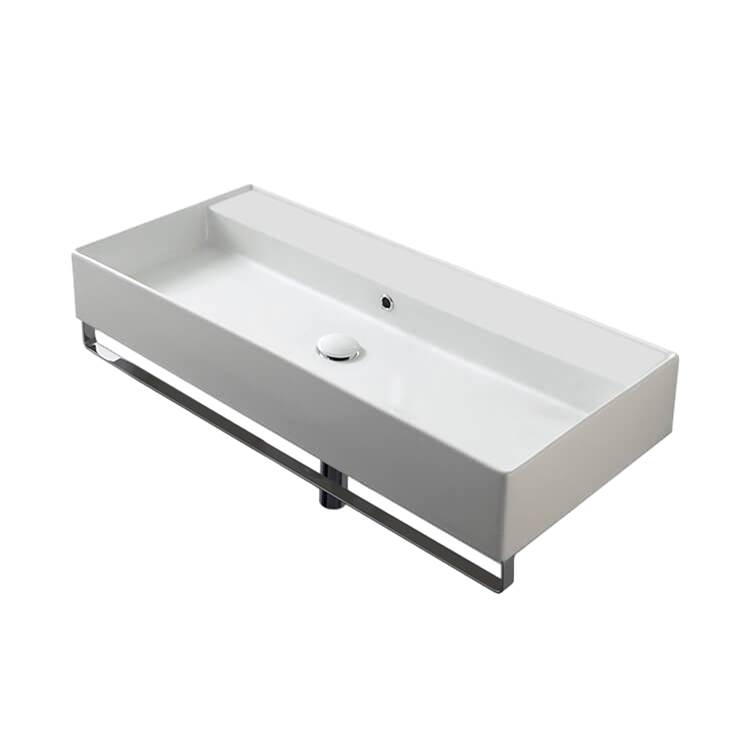 Nameeks Wall Mounted Double Ceramic Sink With Polished Chrome Towel Bar