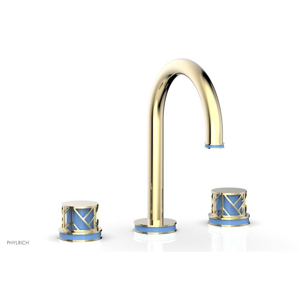 Phylrich Burnished Nickel Jolie Widespread Lavatory Faucet With Gooseneck Spout, Round Cutaway Handles, And Light Blue Accents - 1.2GPM