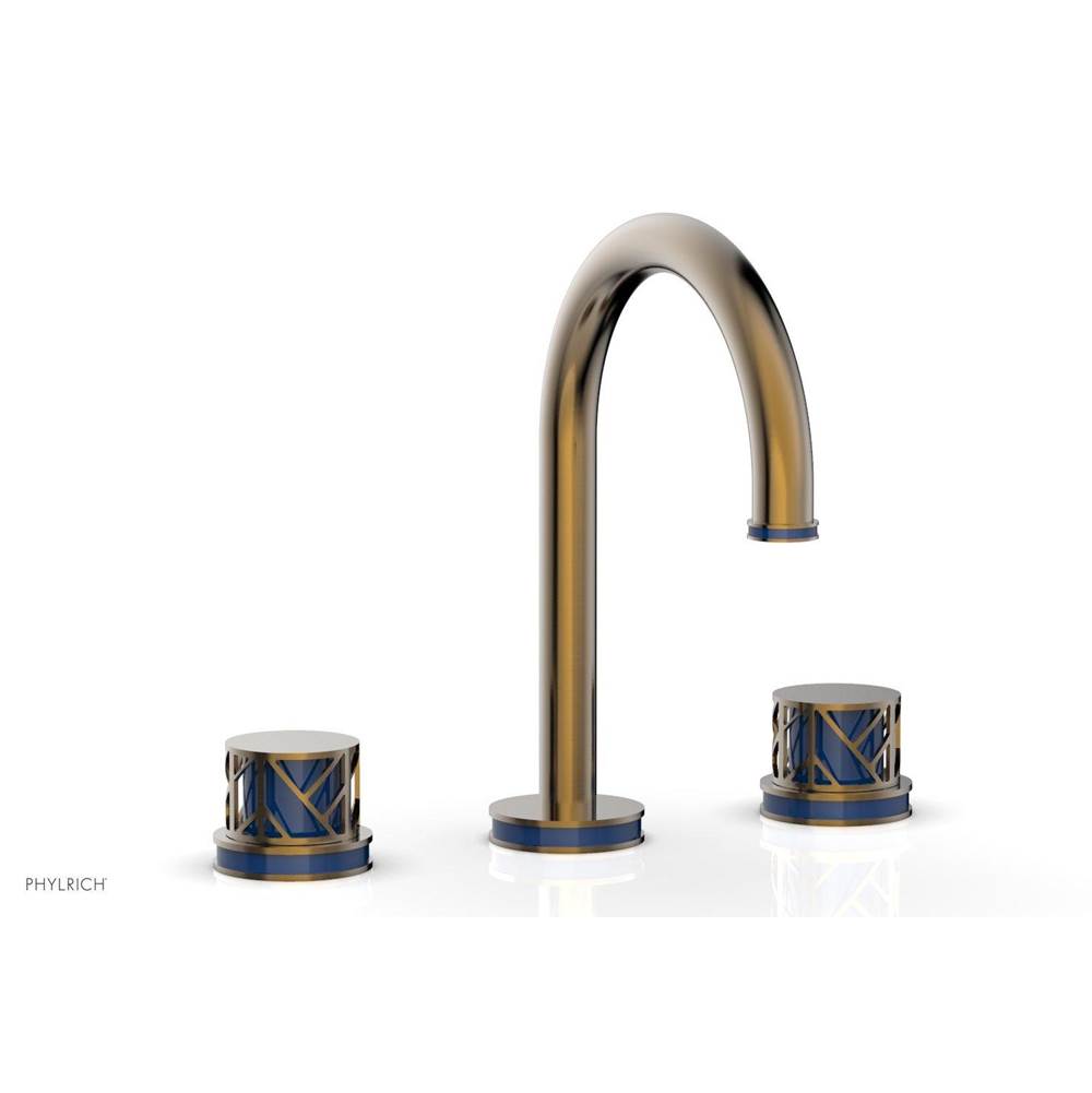 Phylrich Antique Brass Jolie Widespread Lavatory Faucet With Gooseneck Spout, Round Cutaway Handles, And Navy Blue Accents - 1.2GPM