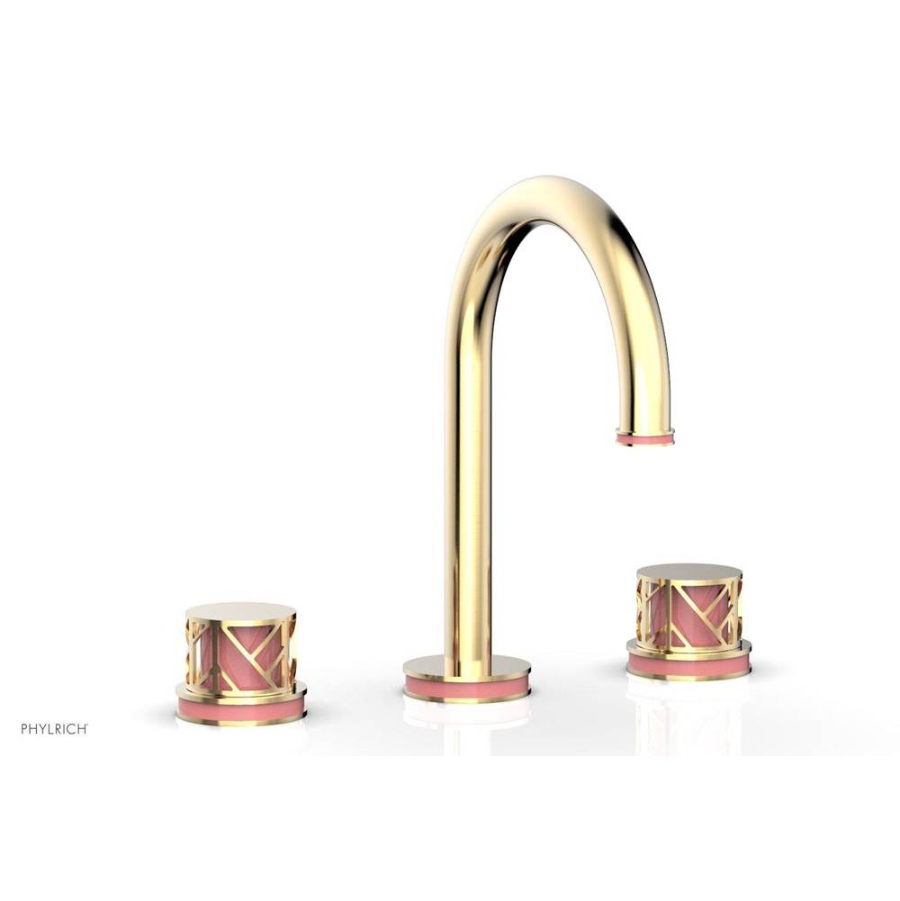 Phylrich Polished Brass Jolie Widespread Lavatory Faucet With Gooseneck Spout, Round Cutaway Handles, And Pink Accents - 1.2GPM