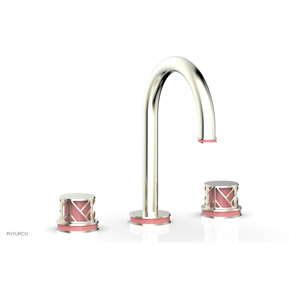 Phylrich Satin Gold Jolie Widespread Lavatory Faucet With Gooseneck Spout, Round Cutaway Handles, And Pink Accents - 1.2GPM