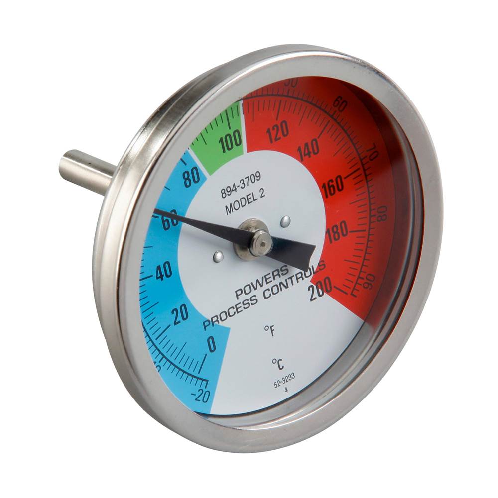 POWERS Dial Thermometer with 1 1/16 Bulb, 3 Color Dial, Scale 0 to 200 degree F, Center Back Entry