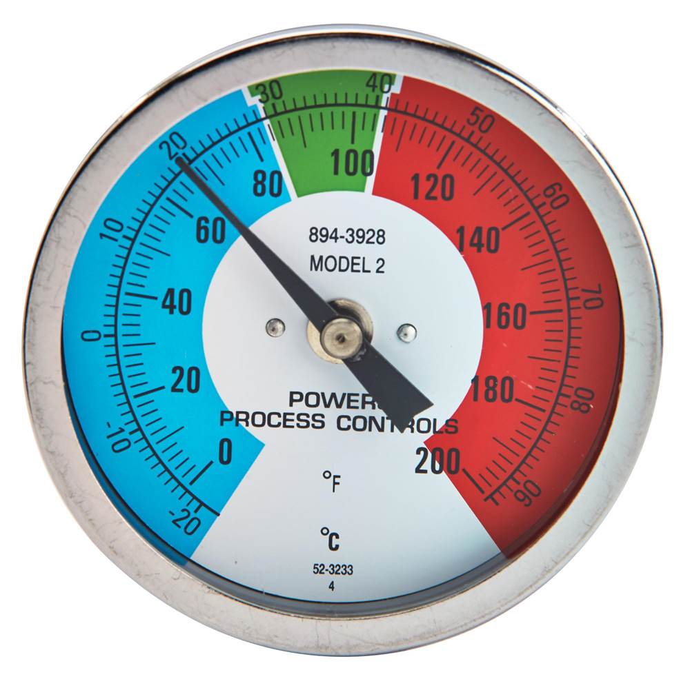POWERS Dial Thermometer with Horizontal Bulb, 3 Color Dial, Scale 0 to 200 degree F, Center Back Entry
