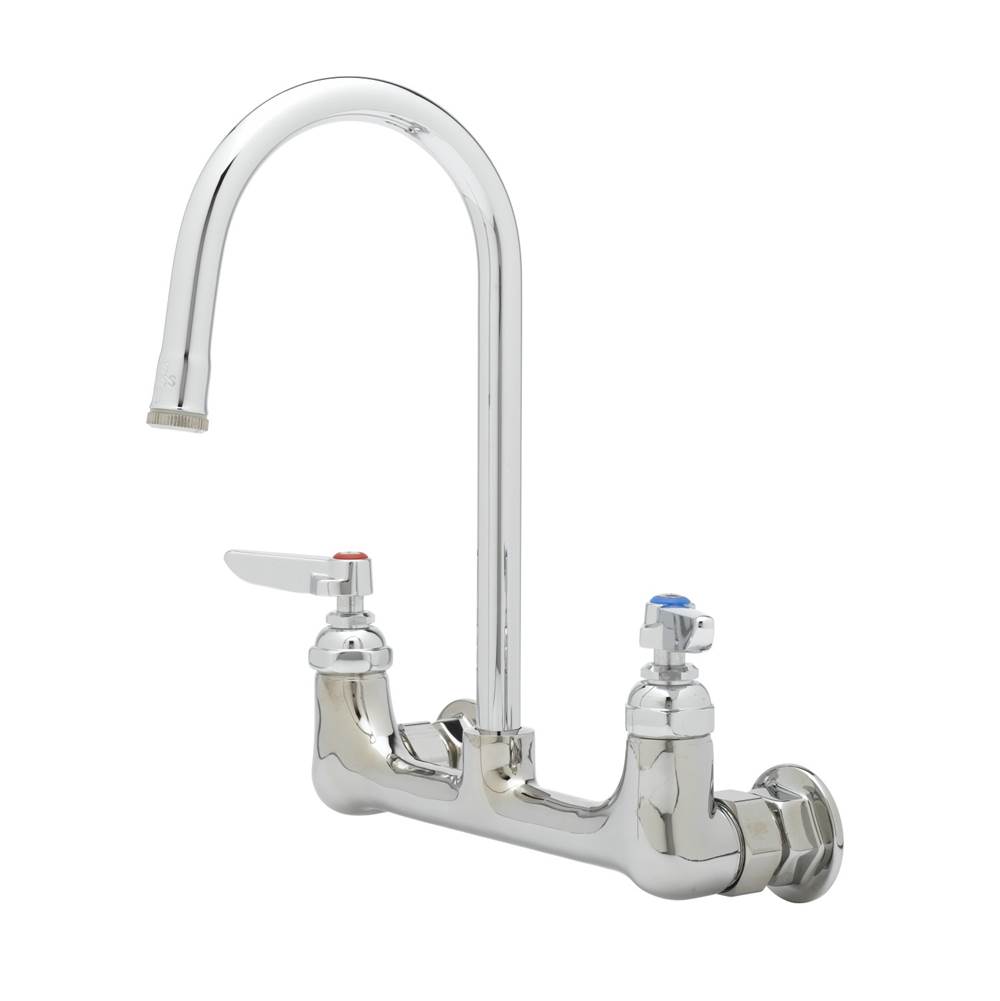 T&S Brass Double Pantry Faucet, 8'' Wall Mount, Gooseneck, Solid Brass Chrome-Plated Handles