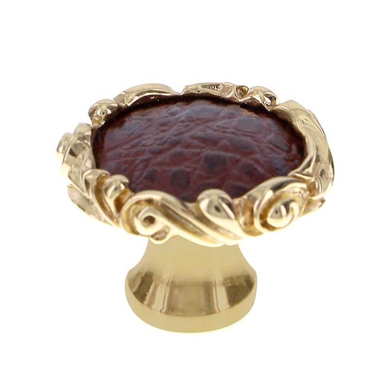 Vicenza Designs Liscio, Knob, Large, Small Base, Leather Insert, Brown, Polished Gold